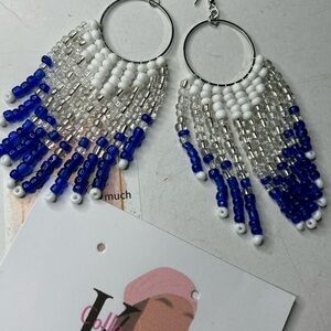 Blue & White Beaded Hoop Fringe Earrings